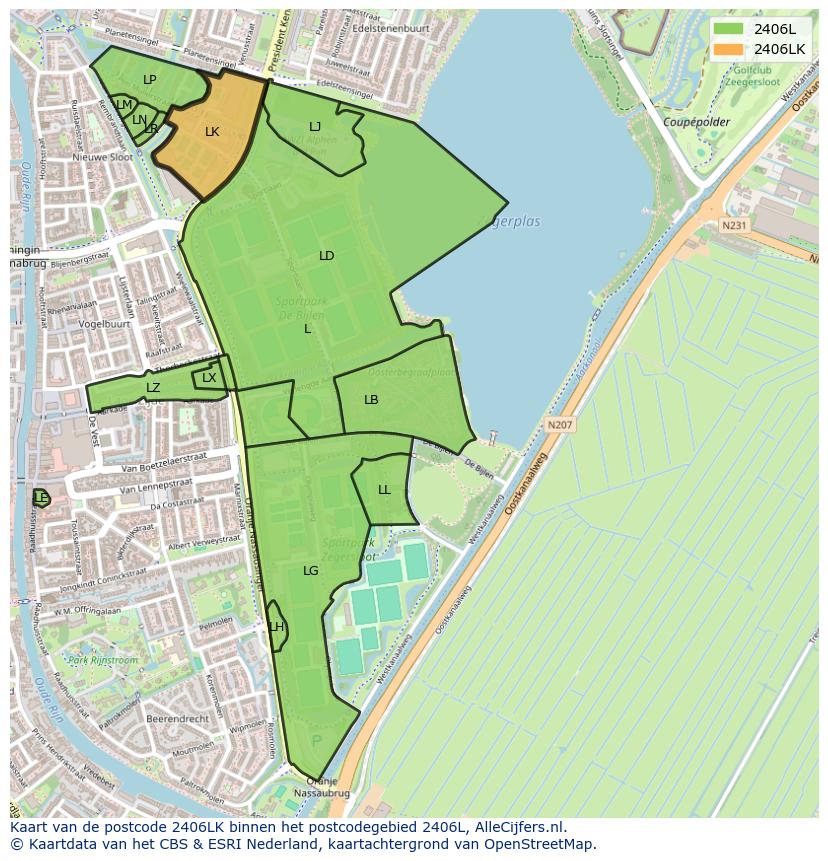 Afbeelding van het postcodegebied 2406 LK op de kaart.