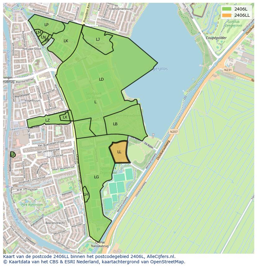 Afbeelding van het postcodegebied 2406 LL op de kaart.