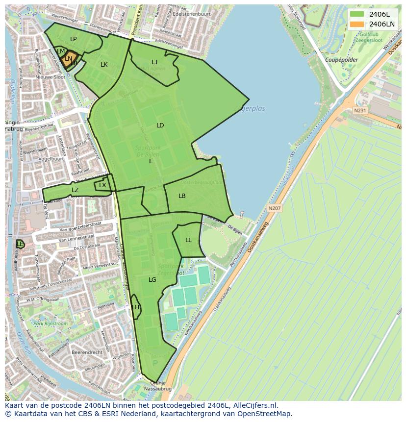 Afbeelding van het postcodegebied 2406 LN op de kaart.