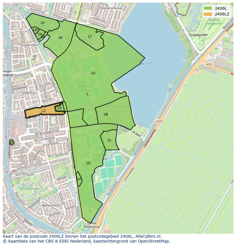 Afbeelding van het postcodegebied 2406 LZ op de kaart.