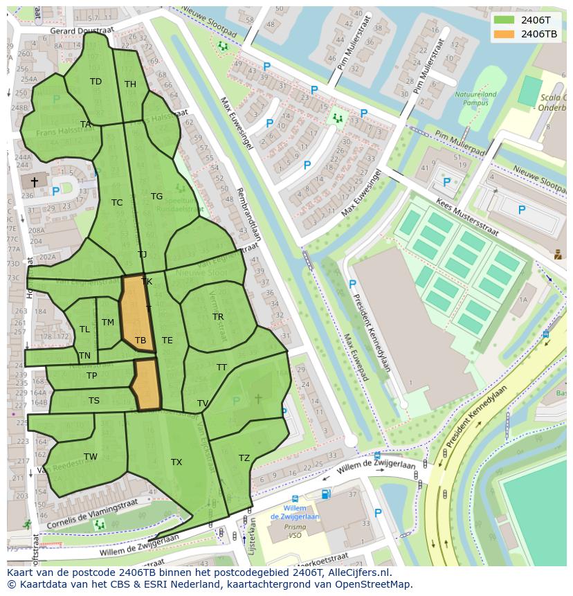 Afbeelding van het postcodegebied 2406 TB op de kaart.