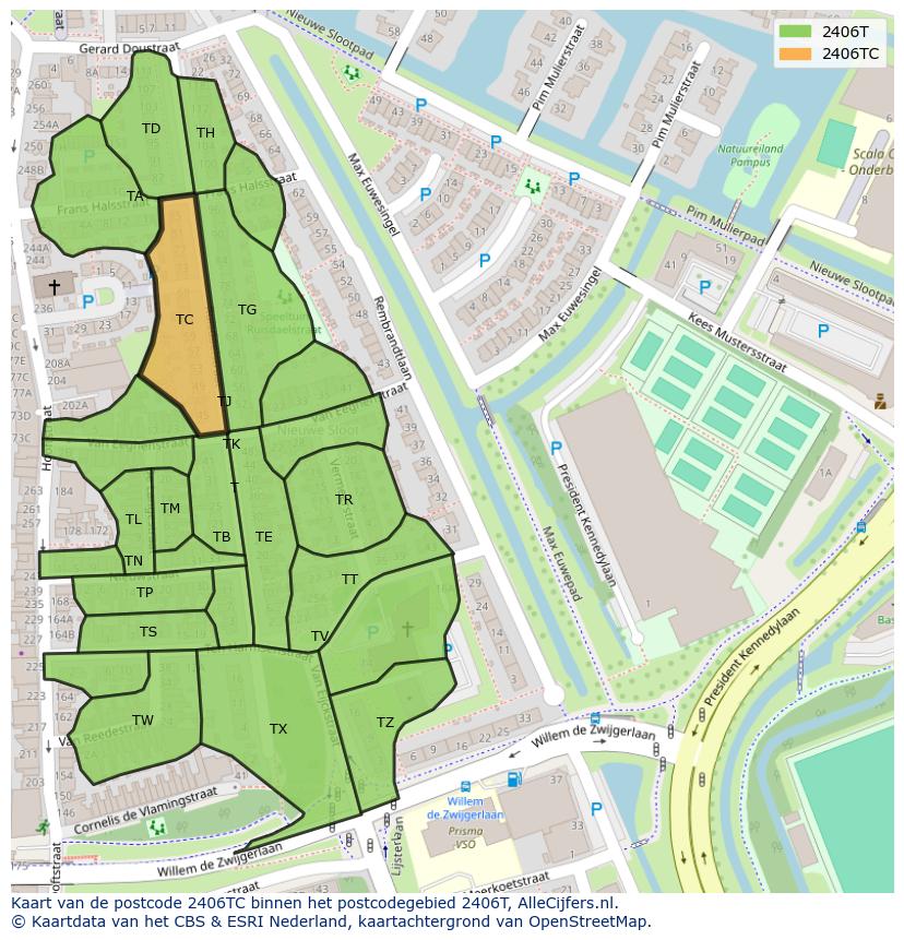 Afbeelding van het postcodegebied 2406 TC op de kaart.
