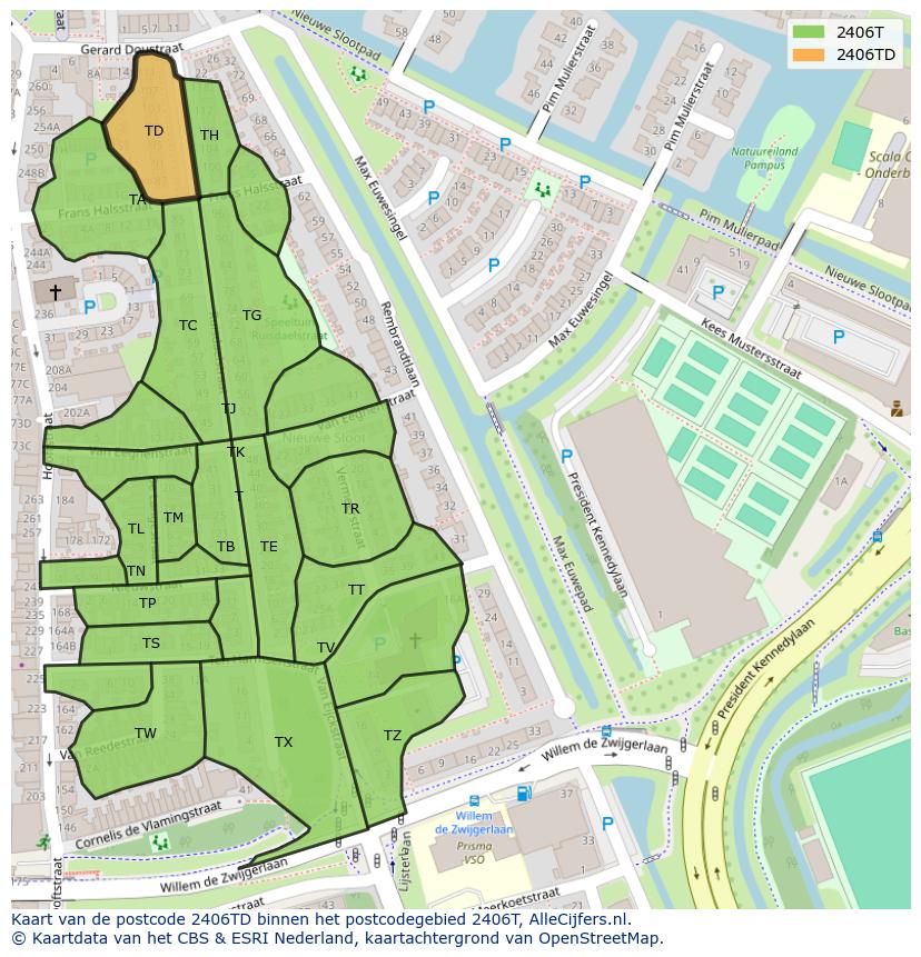 Afbeelding van het postcodegebied 2406 TD op de kaart.