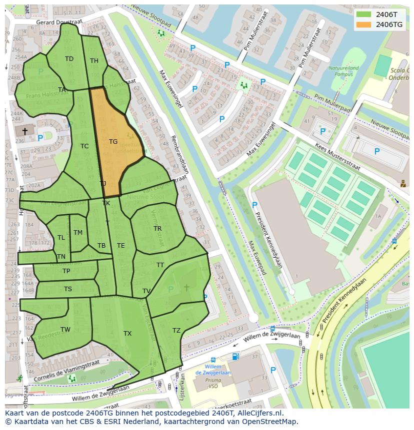 Afbeelding van het postcodegebied 2406 TG op de kaart.