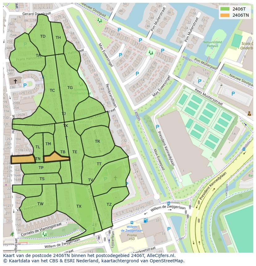 Afbeelding van het postcodegebied 2406 TN op de kaart.