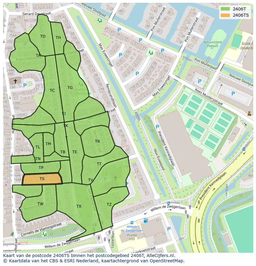 Afbeelding van het postcodegebied 2406 TS op de kaart.