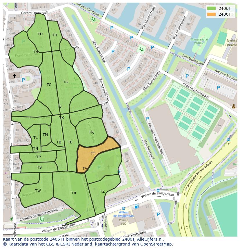 Afbeelding van het postcodegebied 2406 TT op de kaart.