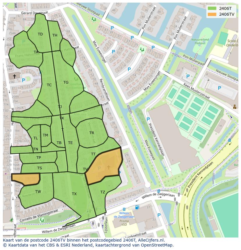 Afbeelding van het postcodegebied 2406 TV op de kaart.