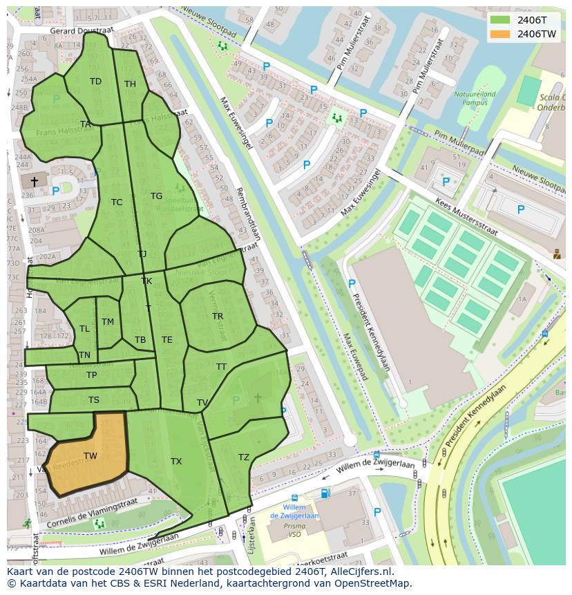 Afbeelding van het postcodegebied 2406 TW op de kaart.