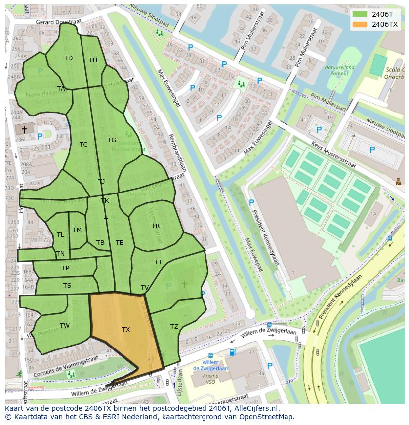 Afbeelding van het postcodegebied 2406 TX op de kaart.
