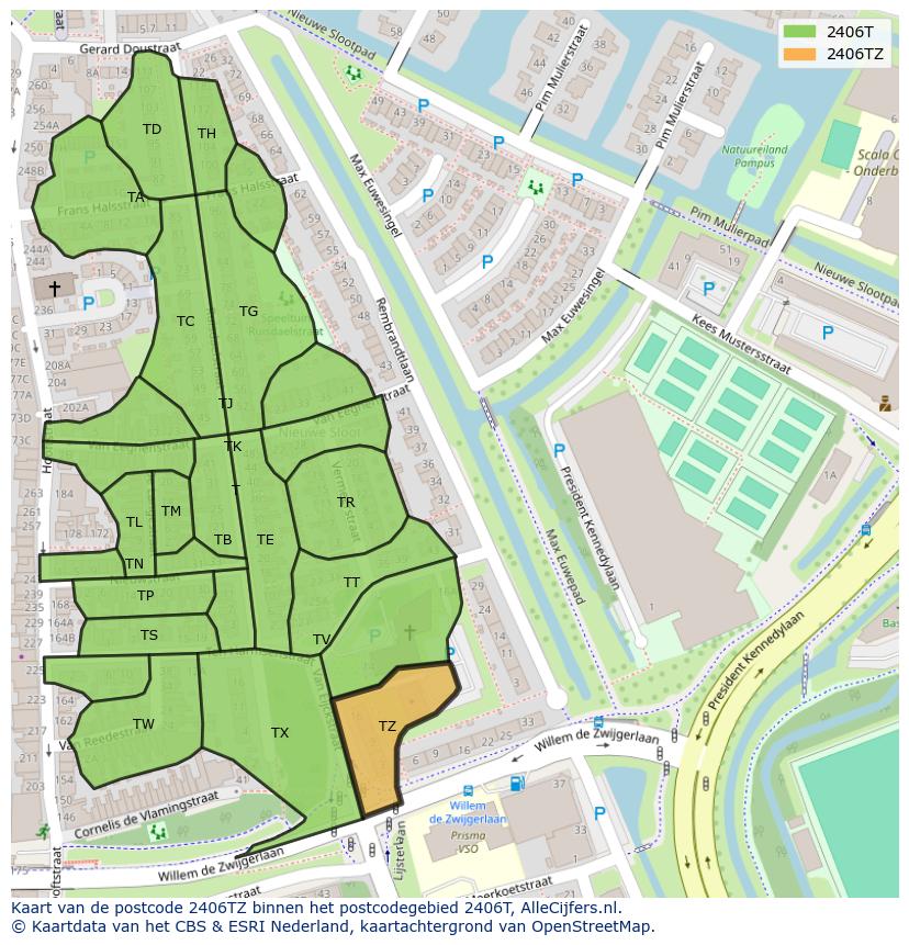 Afbeelding van het postcodegebied 2406 TZ op de kaart.