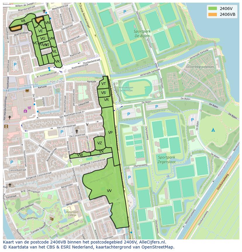 Afbeelding van het postcodegebied 2406 VB op de kaart.