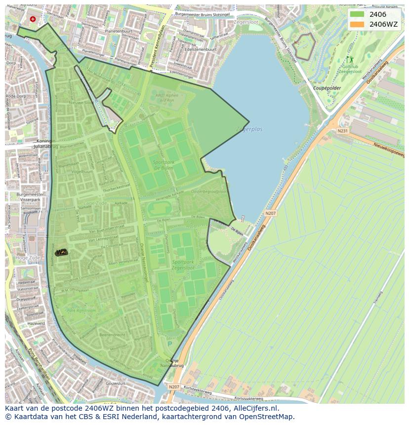 Afbeelding van het postcodegebied 2406 WZ op de kaart.