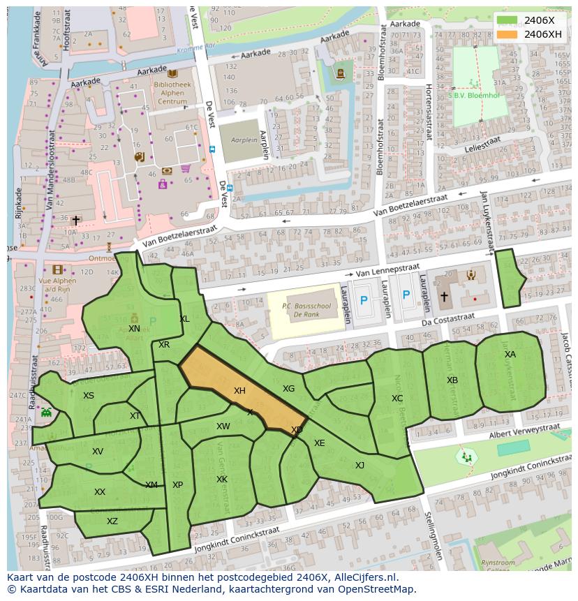 Afbeelding van het postcodegebied 2406 XH op de kaart.