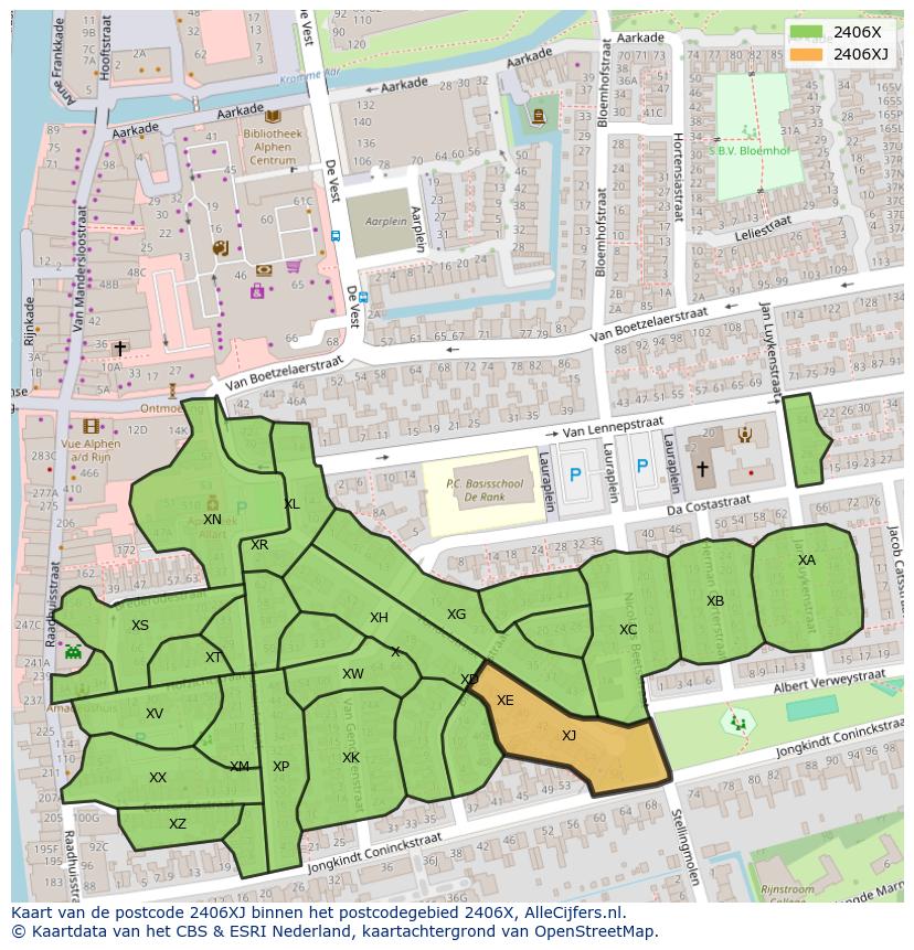 Afbeelding van het postcodegebied 2406 XJ op de kaart.