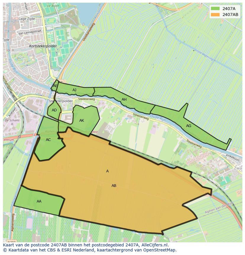 Afbeelding van het postcodegebied 2407 AB op de kaart.