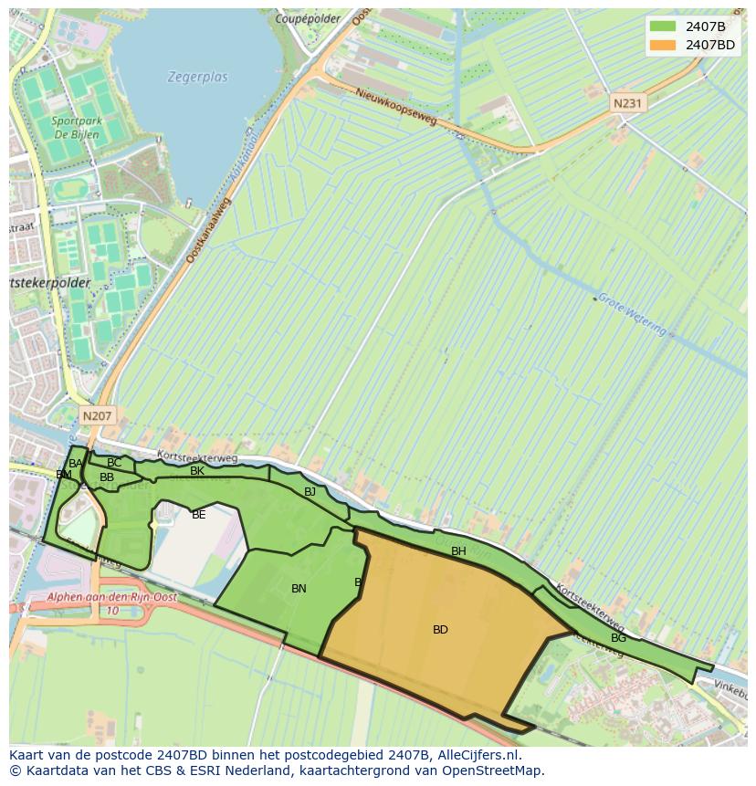 Afbeelding van het postcodegebied 2407 BD op de kaart.