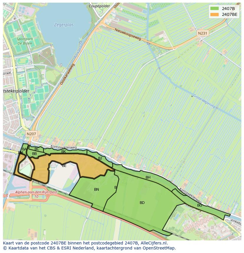 Afbeelding van het postcodegebied 2407 BE op de kaart.