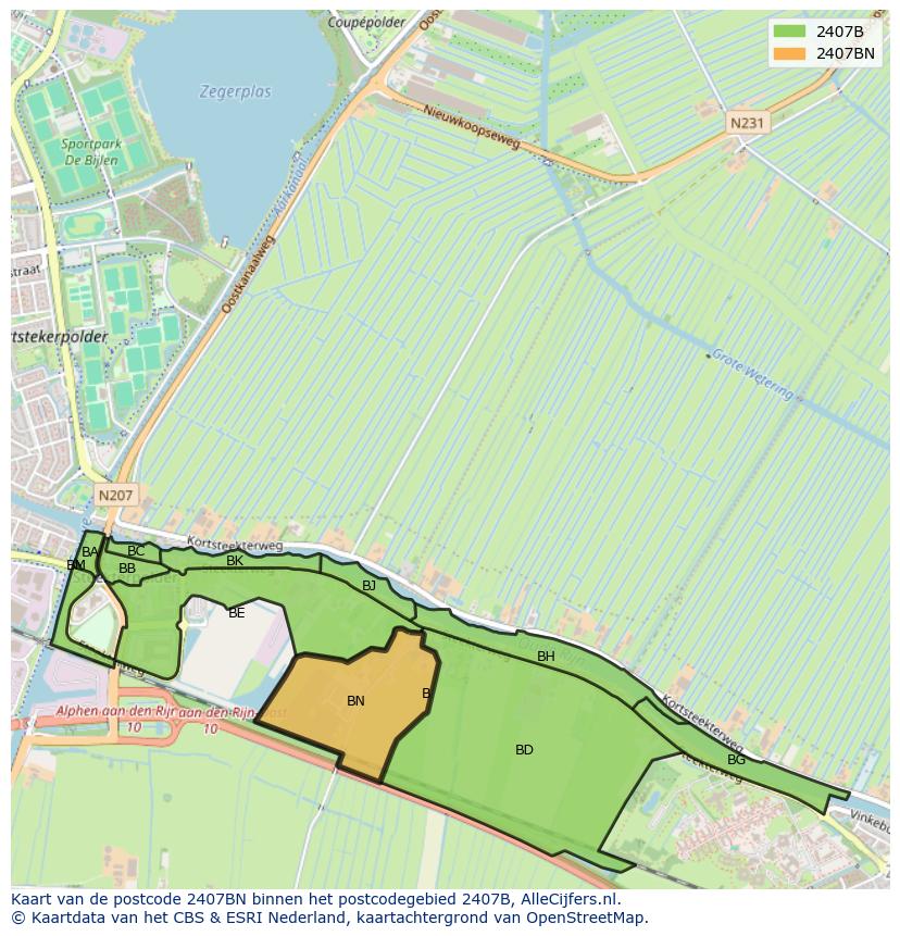 Afbeelding van het postcodegebied 2407 BN op de kaart.