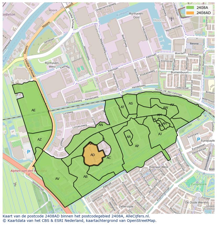 Afbeelding van het postcodegebied 2408 AD op de kaart.