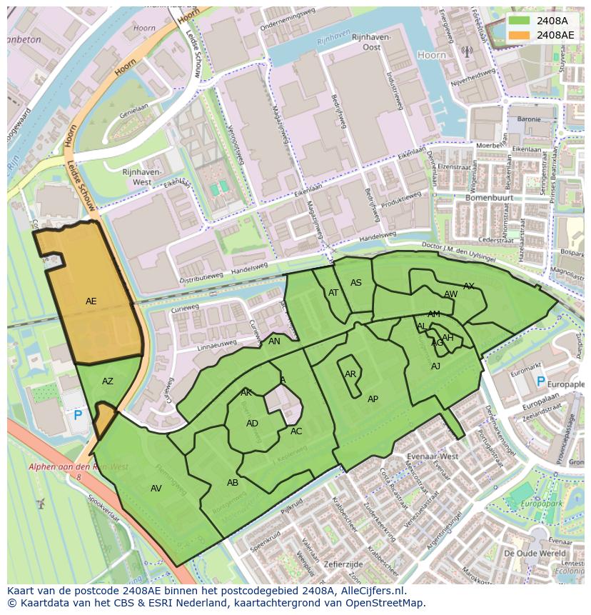 Afbeelding van het postcodegebied 2408 AE op de kaart.