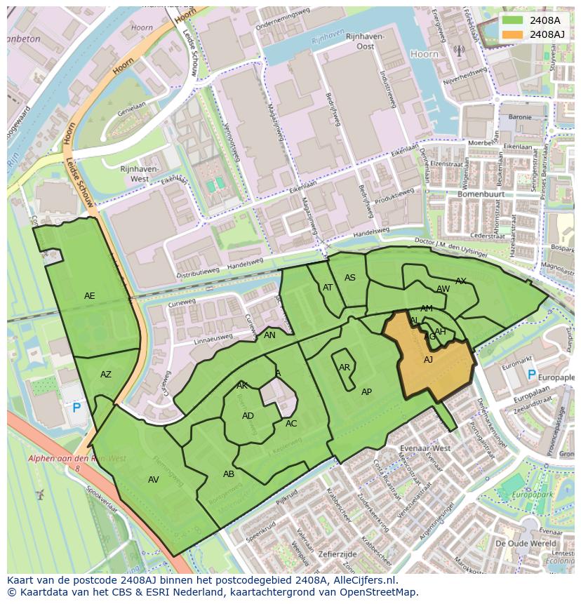 Afbeelding van het postcodegebied 2408 AJ op de kaart.