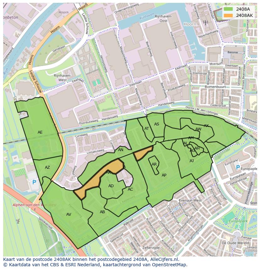 Afbeelding van het postcodegebied 2408 AK op de kaart.