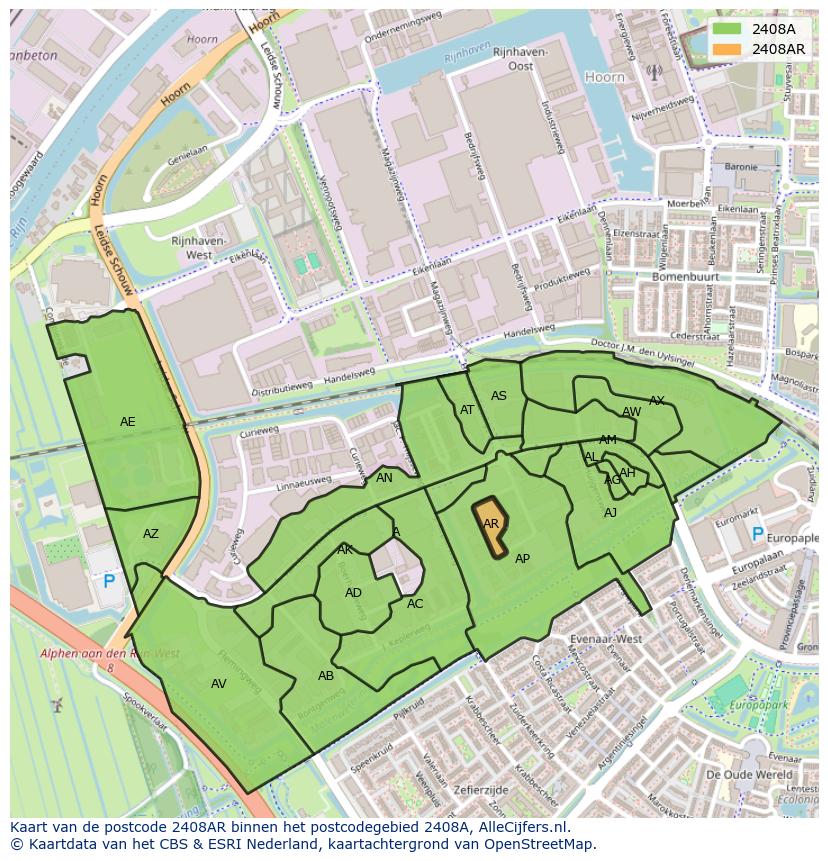Afbeelding van het postcodegebied 2408 AR op de kaart.
