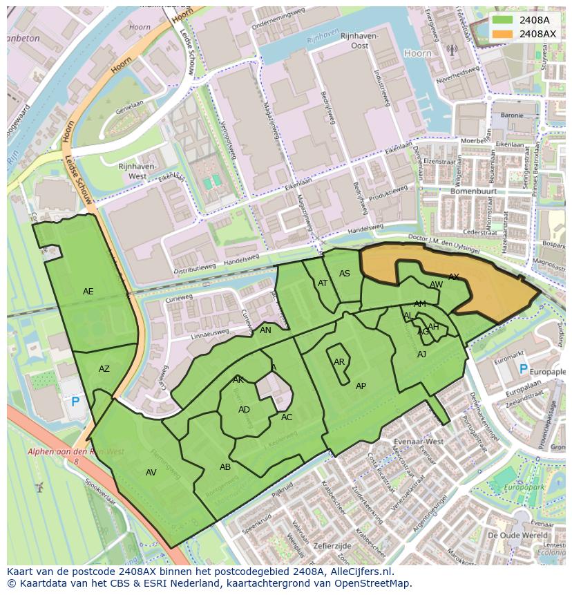 Afbeelding van het postcodegebied 2408 AX op de kaart.