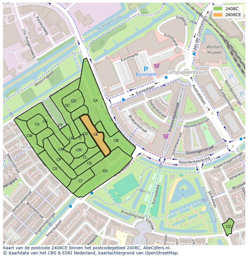 Afbeelding van het postcodegebied 2408 CE op de kaart.