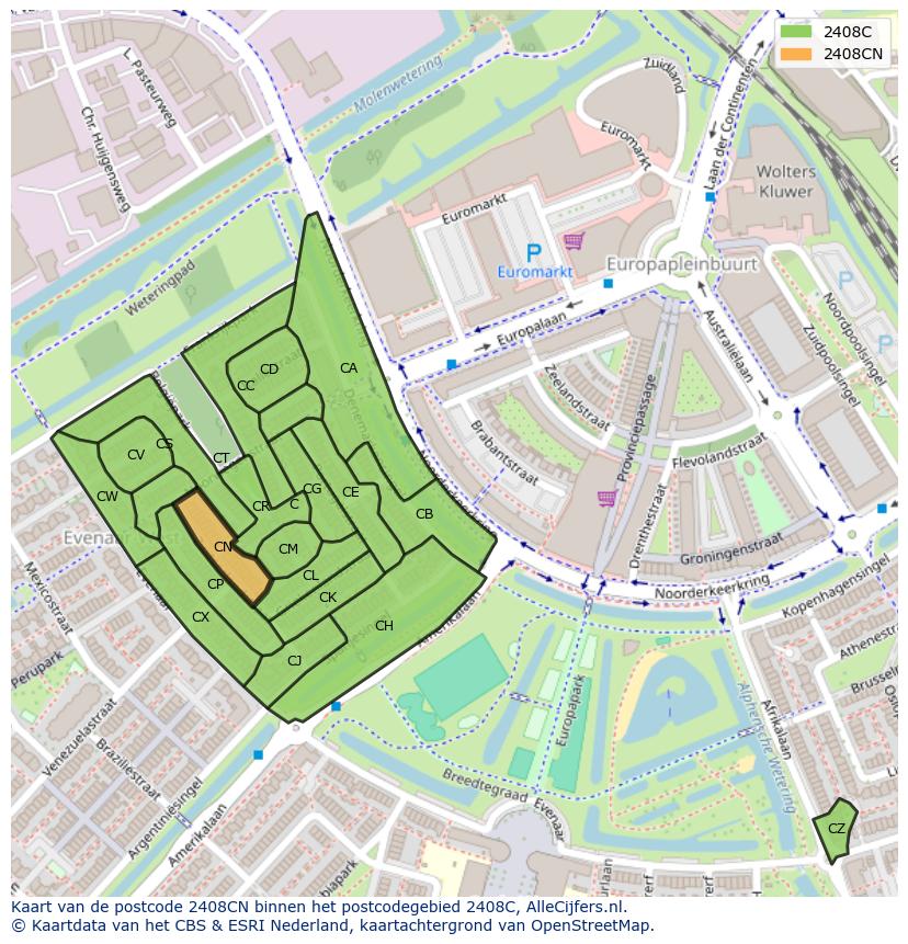 Afbeelding van het postcodegebied 2408 CN op de kaart.