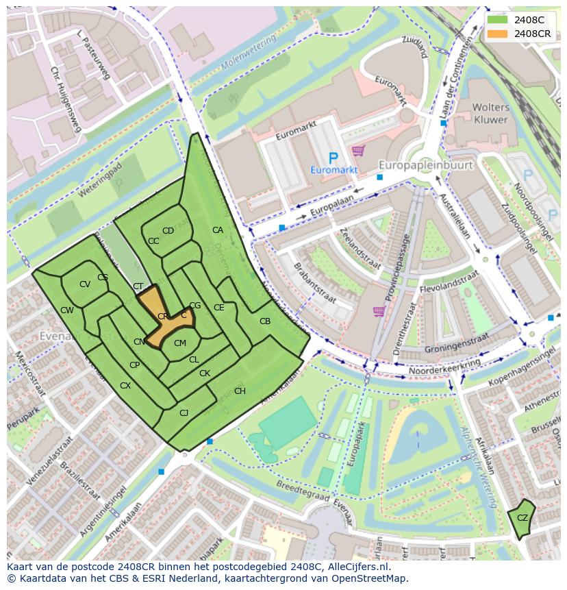Afbeelding van het postcodegebied 2408 CR op de kaart.