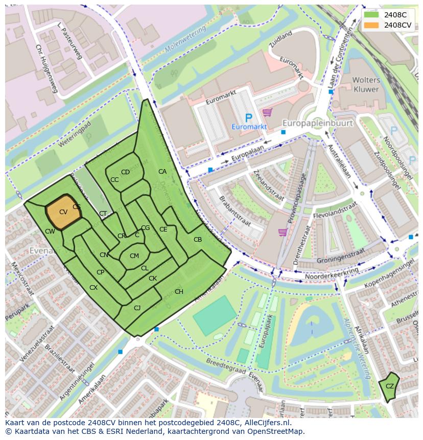 Afbeelding van het postcodegebied 2408 CV op de kaart.