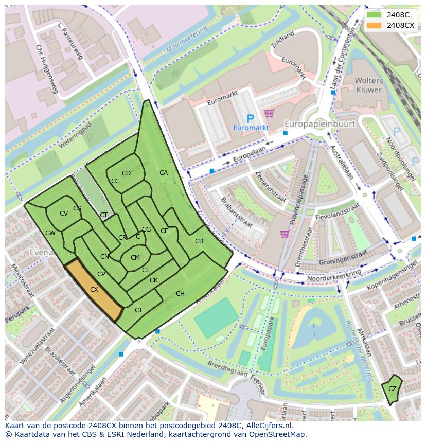 Afbeelding van het postcodegebied 2408 CX op de kaart.