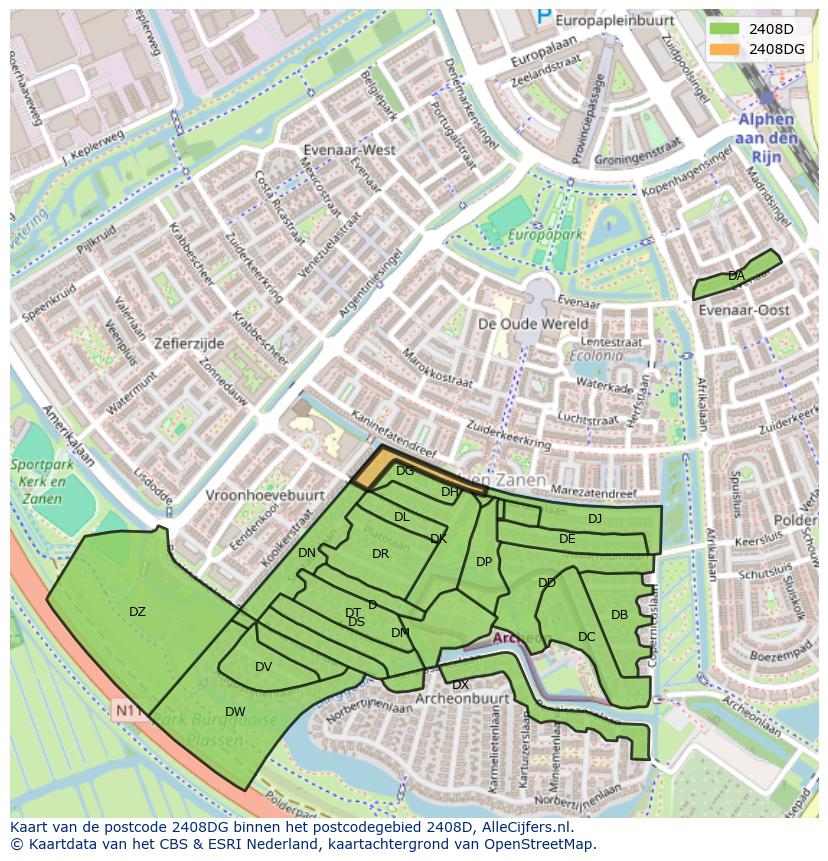 Afbeelding van het postcodegebied 2408 DG op de kaart.