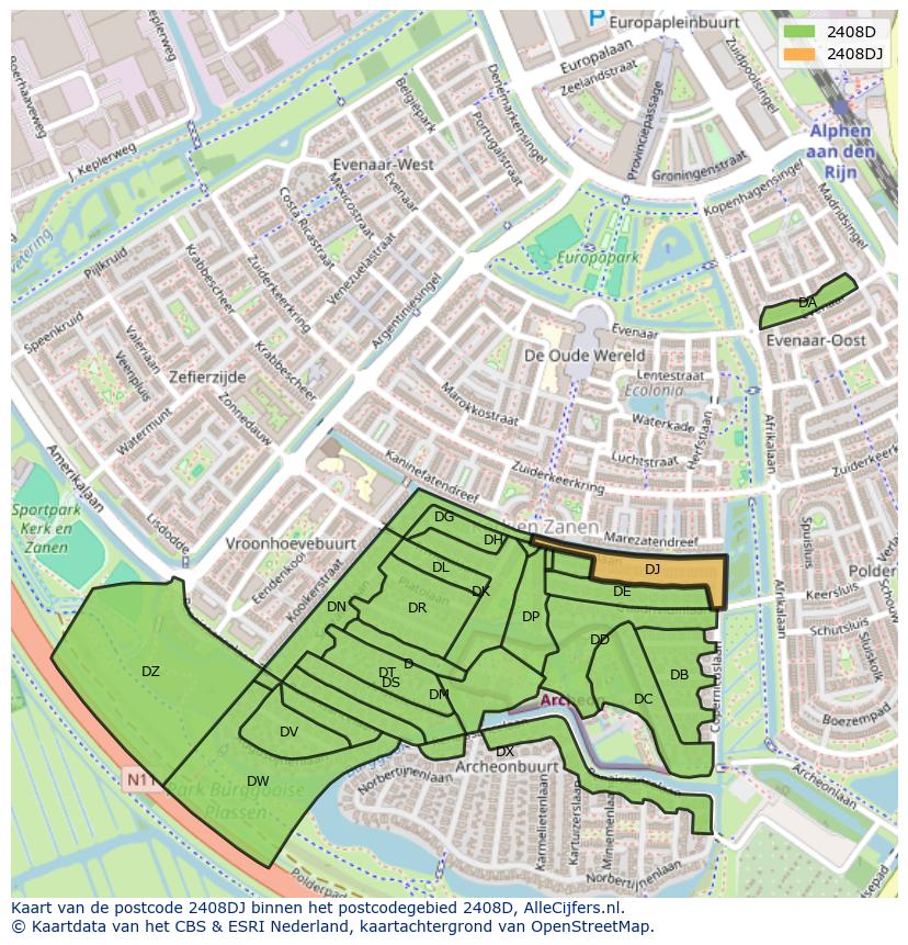 Afbeelding van het postcodegebied 2408 DJ op de kaart.