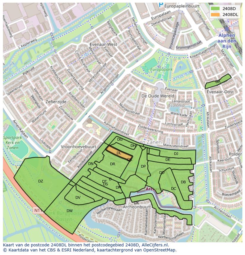 Afbeelding van het postcodegebied 2408 DL op de kaart.