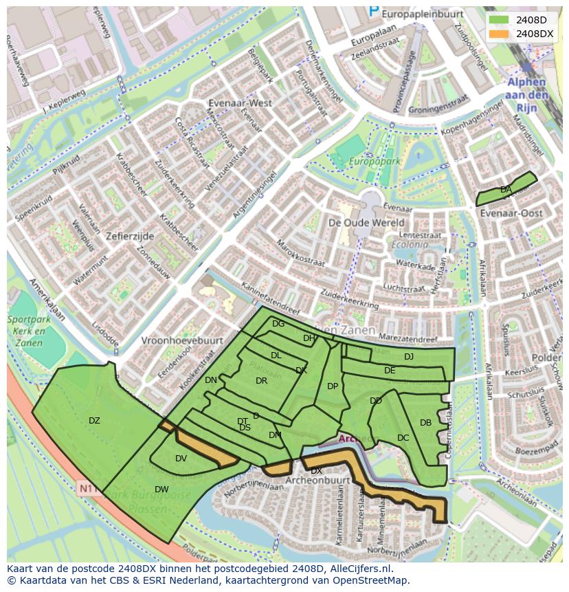 Afbeelding van het postcodegebied 2408 DX op de kaart.