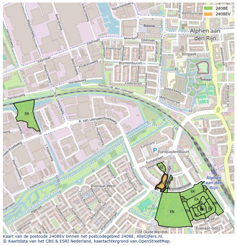 Afbeelding van het postcodegebied 2408 EV op de kaart.