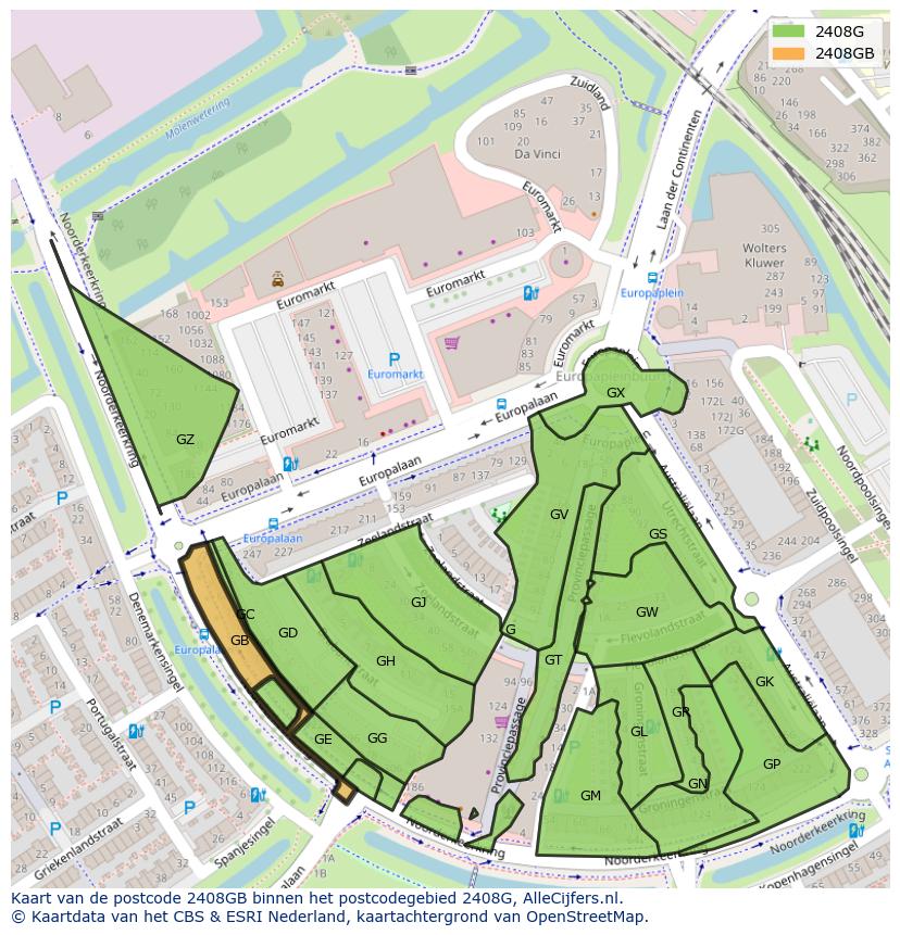 Afbeelding van het postcodegebied 2408 GB op de kaart.