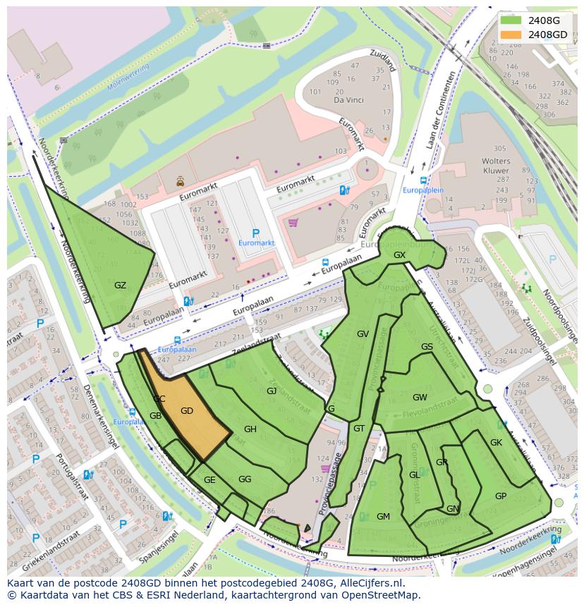 Afbeelding van het postcodegebied 2408 GD op de kaart.