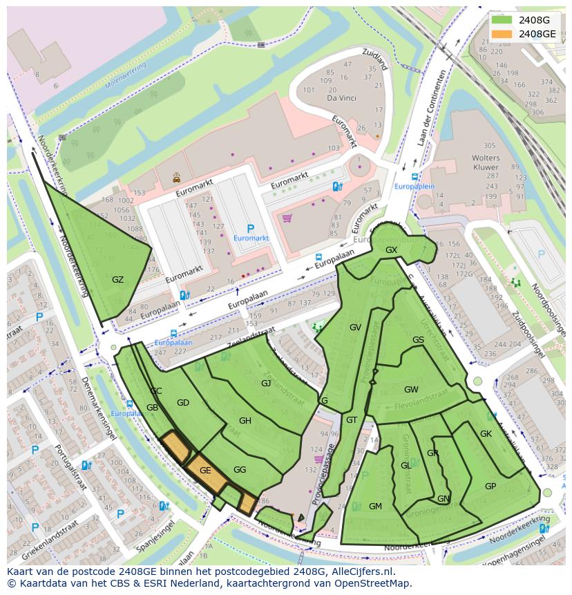 Afbeelding van het postcodegebied 2408 GE op de kaart.