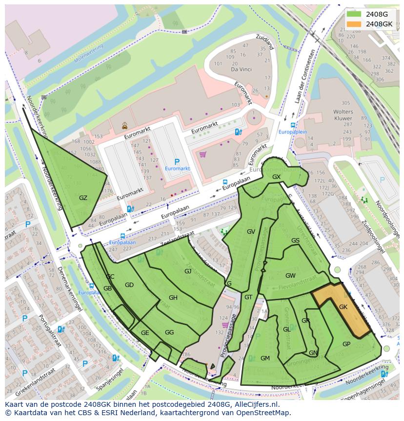 Afbeelding van het postcodegebied 2408 GK op de kaart.