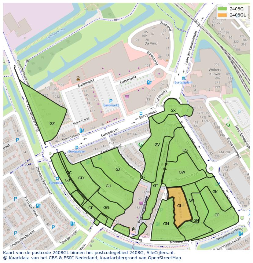 Afbeelding van het postcodegebied 2408 GL op de kaart.