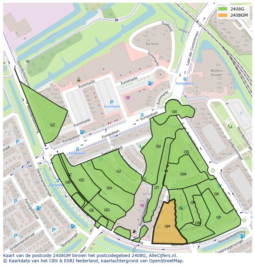 Afbeelding van het postcodegebied 2408 GM op de kaart.