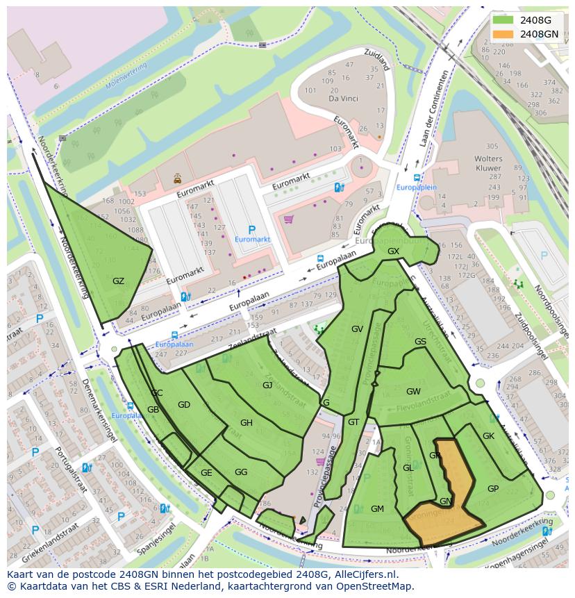 Afbeelding van het postcodegebied 2408 GN op de kaart.