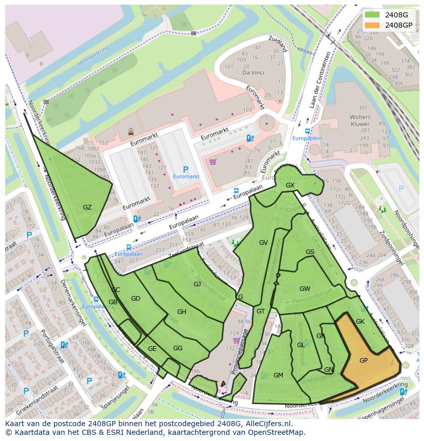 Afbeelding van het postcodegebied 2408 GP op de kaart.