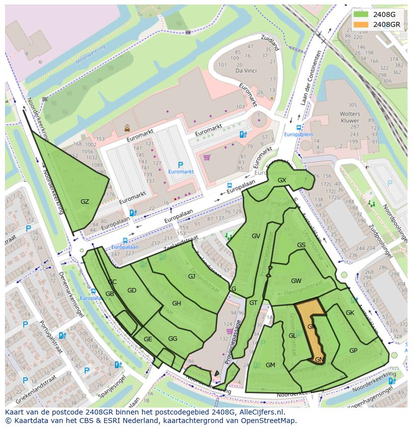 Afbeelding van het postcodegebied 2408 GR op de kaart.
