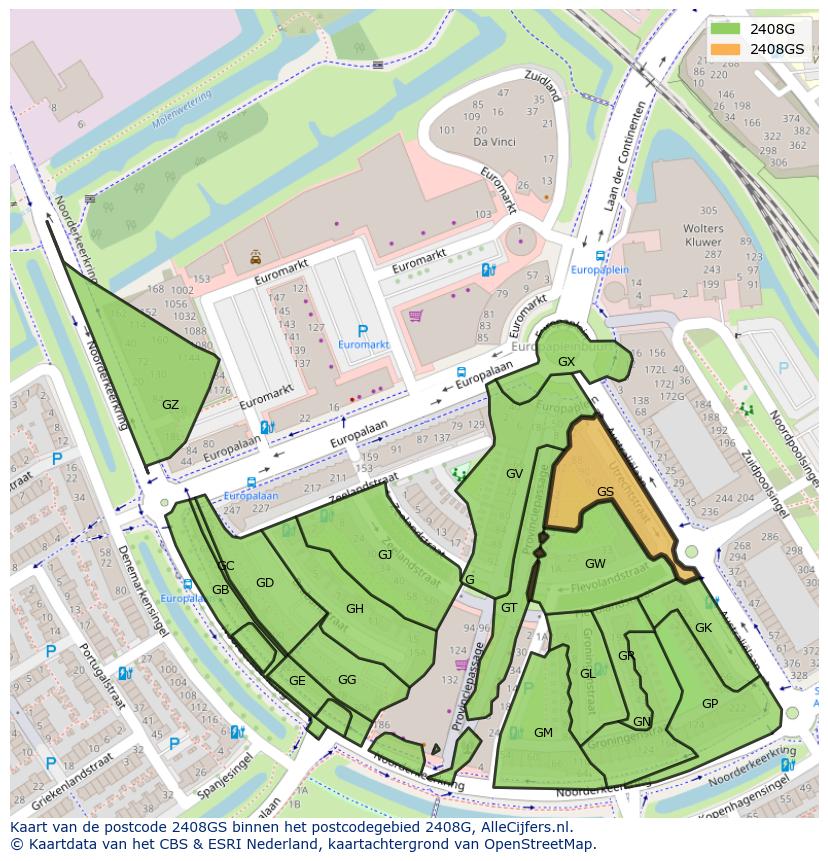 Afbeelding van het postcodegebied 2408 GS op de kaart.