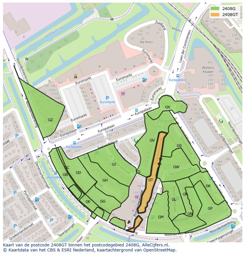 Afbeelding van het postcodegebied 2408 GT op de kaart.